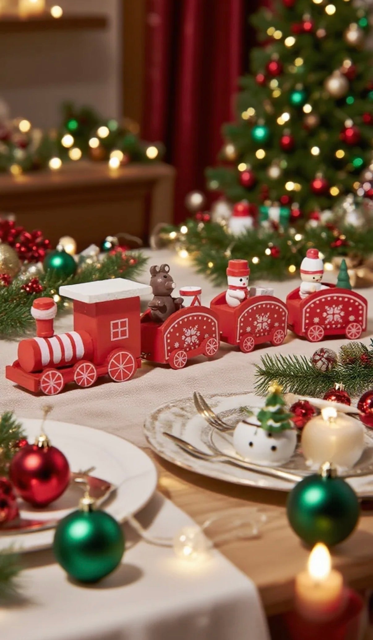 Plongez dans la féérie des fêtes avec notre magnifique train de Noël en bois, une pièce décorative pleine de charme et d’authenticité. Conçu avec soin et inspiré de la magie des Noëls d’antan, ce petit train mobile est bien plus qu’une simple décoration : c’est une véritable invitation au rêve et à la convivialité.
Chaque wagon transporte un peu de l’esprit de Noël — une maison illuminée, des petits personnages festifs, et des cadeaux scintillants prêts à être déposés au pied du NOELIO décoration de Noël