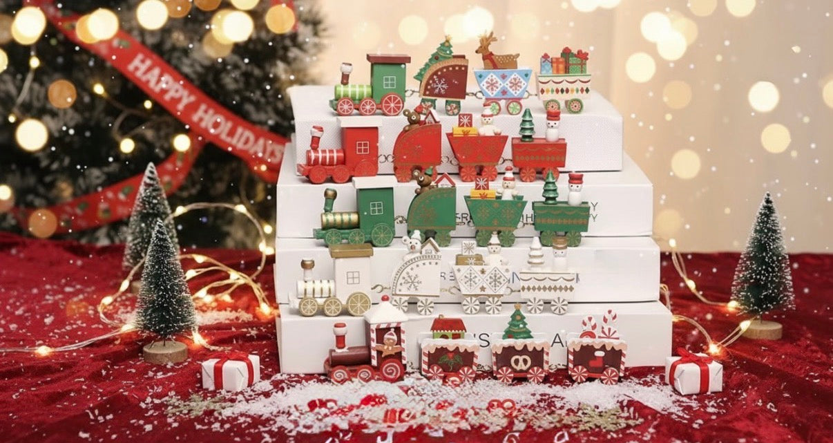 Plongez dans la féérie des fêtes avec notre magnifique train de Noël en bois, une pièce décorative pleine de charme et d’authenticité. Conçu avec soin et inspiré de la magie des Noëls d’antan, ce petit train mobile est bien plus qu’une simple décoration : c’est une véritable invitation au rêve et à la convivialité.

Chaque wagon transporte un peu de l’esprit de Noël — une maison illuminée, des petits personnages festifs, et des cadeaux scintillants prêts à être déposés au pied du NOELIO décoration de Noël 